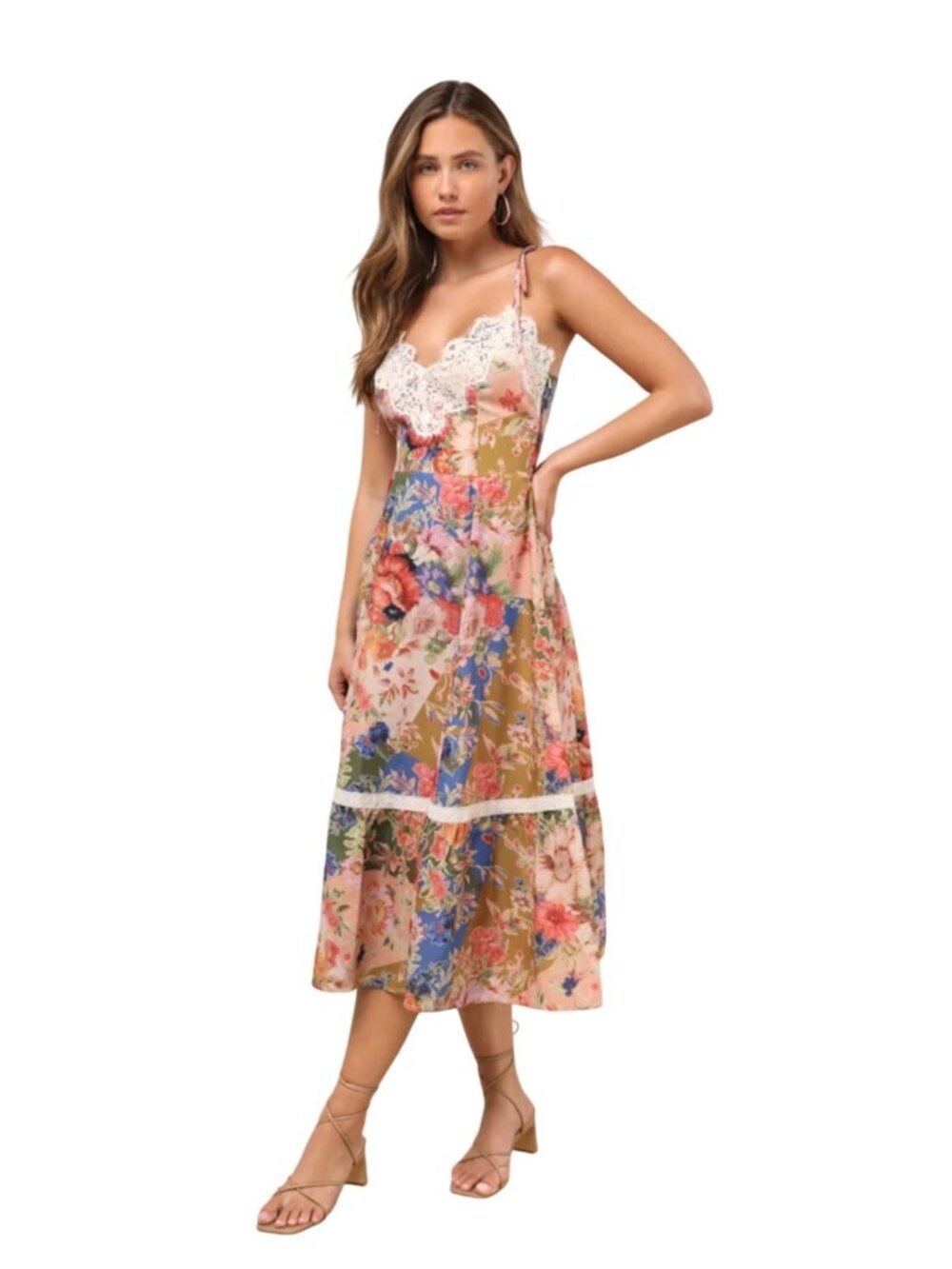 Lulu's NWT Ardith Light Pink Multi Floral Lace Tie Strap Midi Dress
